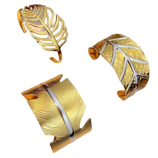 Stainless steel bangle bracelet plated with 18K two tone leaf design bangle bracelet