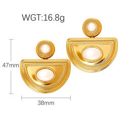 French trend pearl inlaid geometric flower semi circle stainless steel earrings