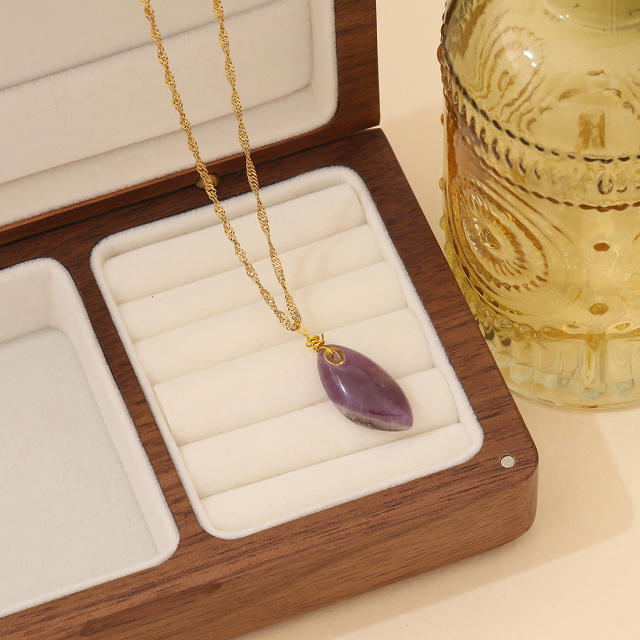 Natural geometric natural stone pendant crystal stainless steel chain necklace