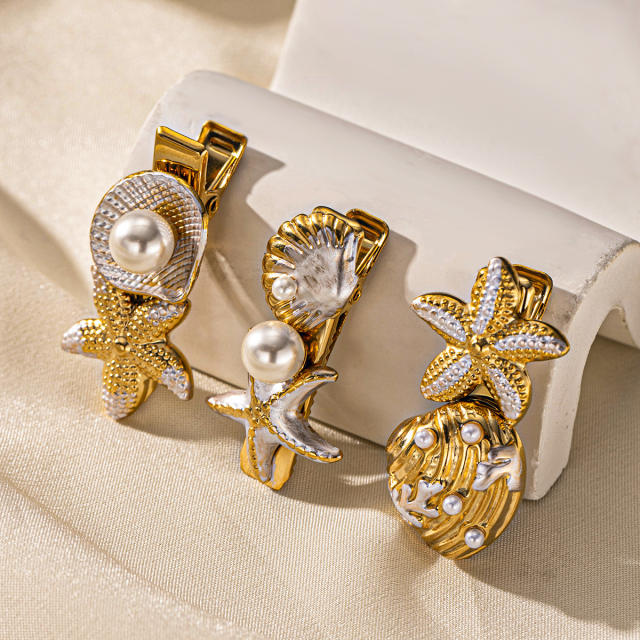 Stainless Steel Hairpin Ocean Beach Style Starfish Shell Imitation Pearl Hairpin
