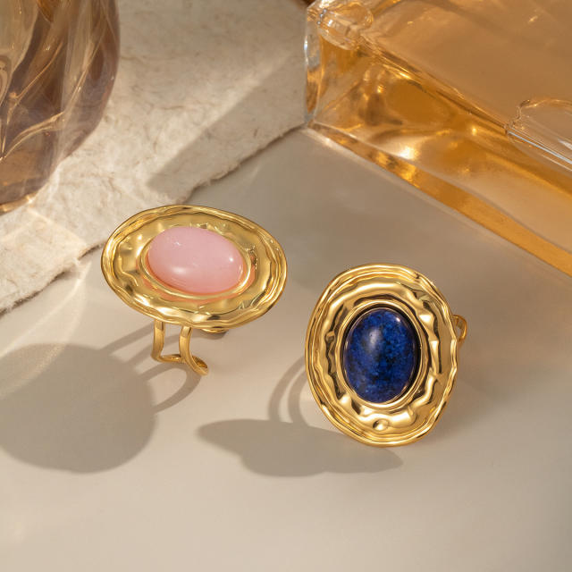 French Retro Natural Stone Lapis Lazuli Open Rings stainless steel rings