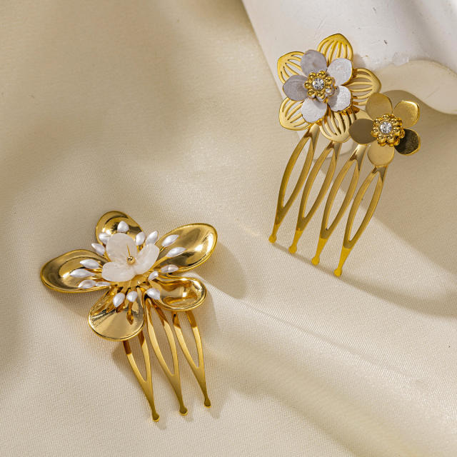 Elegant gold color flower design stainless steel hair clips hair combs
