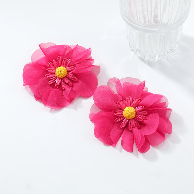 Exaggerated rose red Chiffon Multi-Layered Flower Stereo Earrings