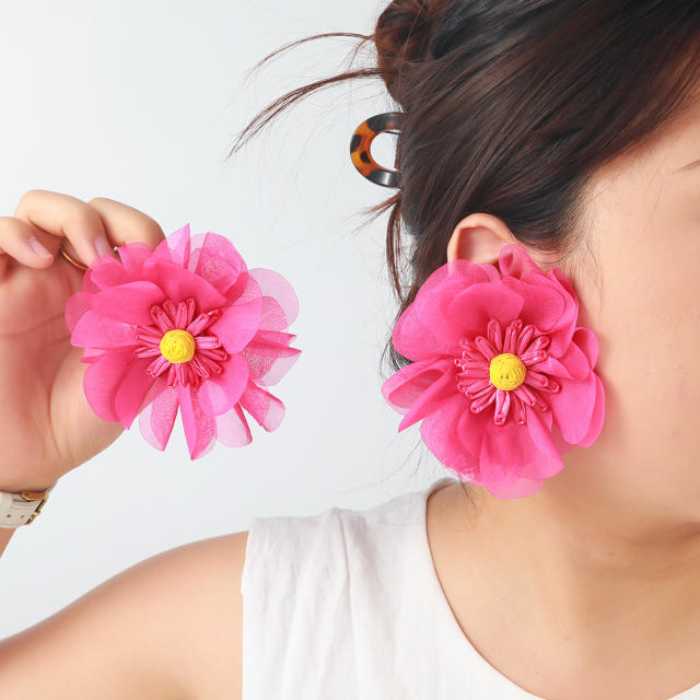 Exaggerated rose red Chiffon Multi-Layered Flower Stereo Earrings