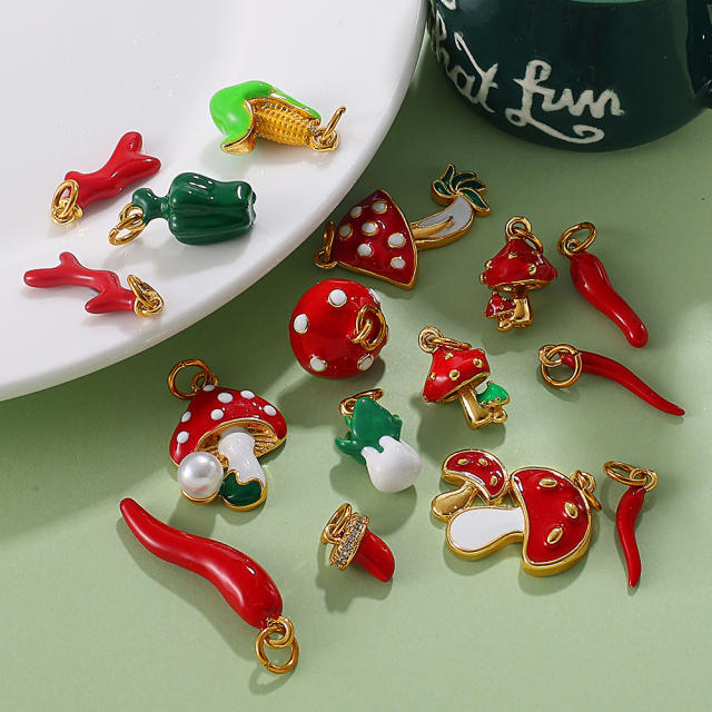 Cute and Fresh 3D Fruit Vegetable DIY Necklace charms Corn Chili Mushroom red enamel charms