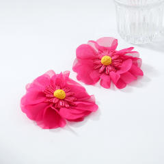 Exaggerated rose red Chiffon Multi-Layered Flower Stereo Earrings