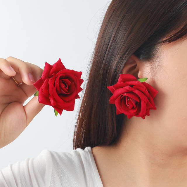 Ocean Romantic Beach Vacation Style Three-Dimensional Velvet Rose Earrings for Women