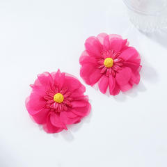 Exaggerated rose red Chiffon Multi-Layered Flower Stereo Earrings