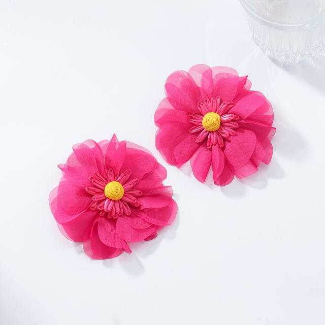Exaggerated rose red Chiffon Multi-Layered Flower Stereo Earrings
