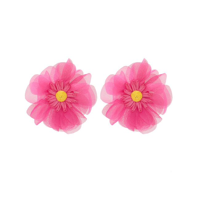 Exaggerated rose red Chiffon Multi-Layered Flower Stereo Earrings