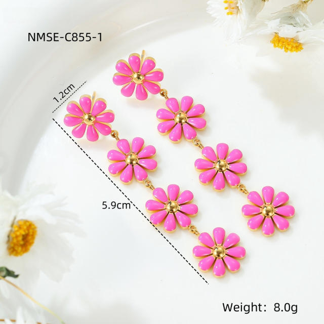 Summer color enamel daisy flower dangle earrings stainless steel ear cuff