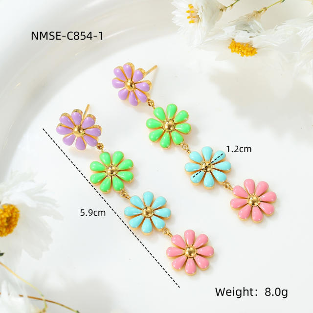 Summer color enamel daisy flower dangle earrings stainless steel ear cuff