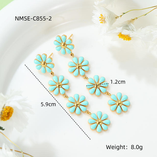 Summer color enamel daisy flower dangle earrings stainless steel ear cuff