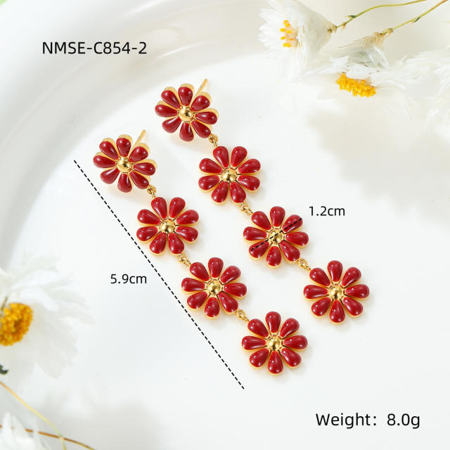 Summer color enamel daisy flower dangle earrings stainless steel ear cuff