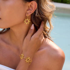 18KG hollow out sun symbol stainless steel earrings bracelet suit