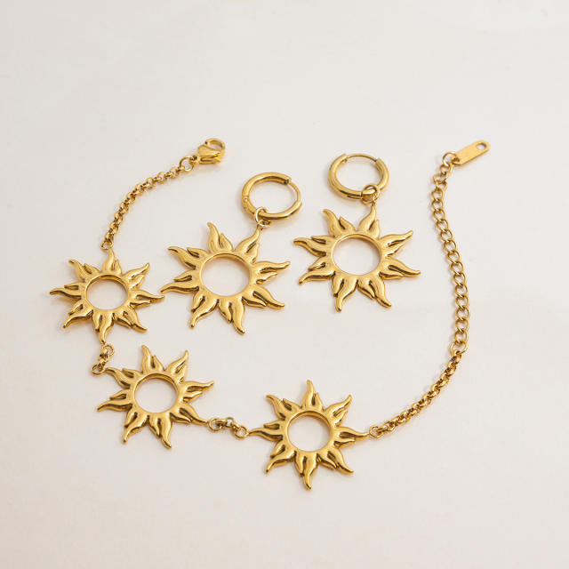 18KG hollow out sun symbol stainless steel earrings bracelet suit