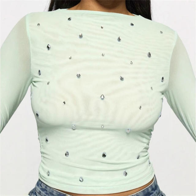 Summer New Women's Casual Printed Slim-fit Semi-transparent Hollow Long-sleeved T-shirt