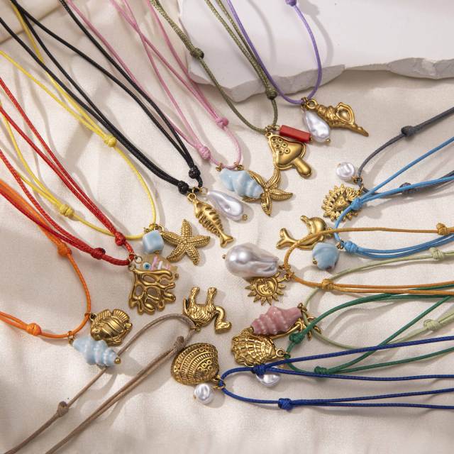 Summer holiday colorful rope handmade stainless steel charms shell starfish necklace