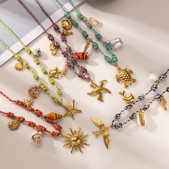 Handmade colorful knotted rope stainless steel ocean charms necklace holiday necklace