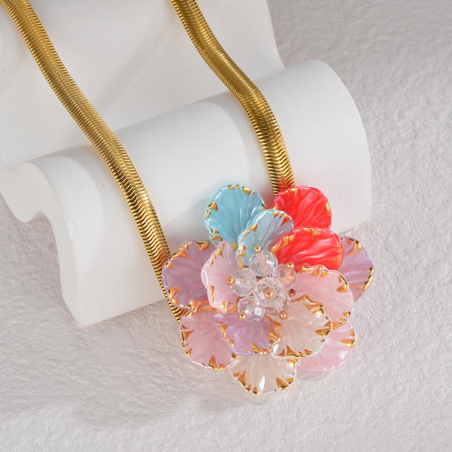 Vintage sweet pink stereo layer flower stainless steel necklace earrings bangle suit
