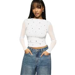 Summer New Women's Casual Printed Slim-fit Semi-transparent Hollow Long-sleeved T-shirt