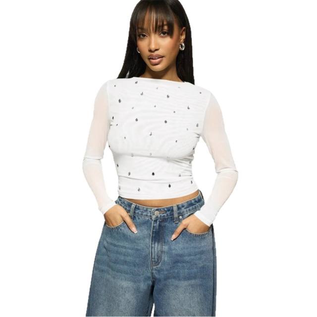 Summer New Women's Casual Printed Slim-fit Semi-transparent Hollow Long-sleeved T-shirt