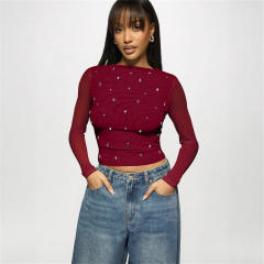 Summer New Women's Casual Printed Slim-fit Semi-transparent Hollow Long-sleeved T-shirt