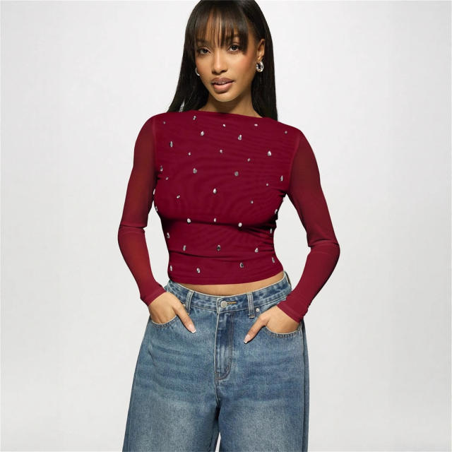 Summer New Women's Casual Printed Slim-fit Semi-transparent Hollow Long-sleeved T-shirt