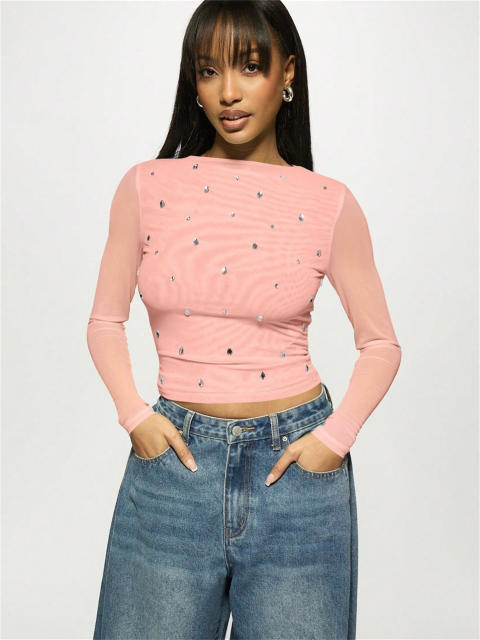 Summer New Women's Casual Printed Slim-fit Semi-transparent Hollow Long-sleeved T-shirt