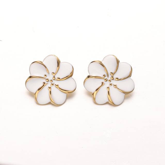 Pink blue color enamel flower stainless steel earrings rings suit