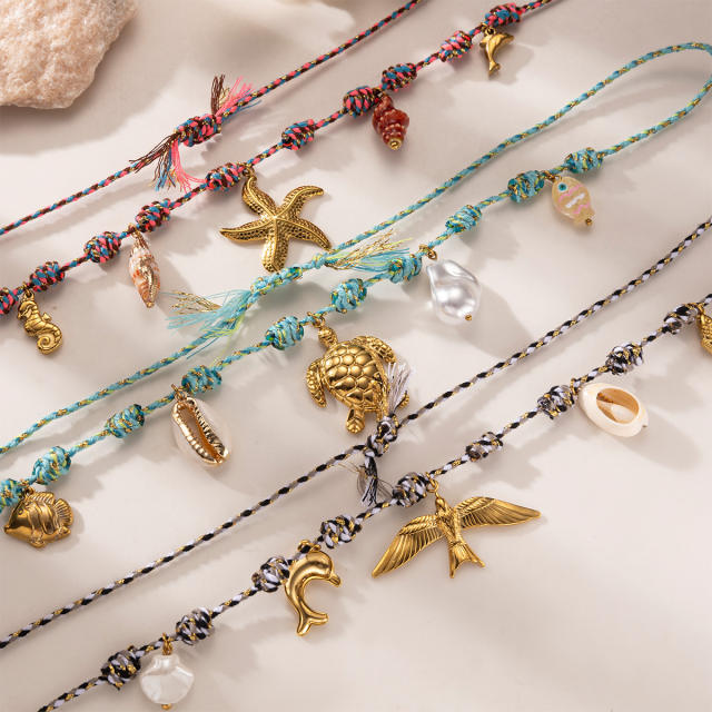 Handmade colorful knotted rope stainless steel ocean charms necklace holiday necklace