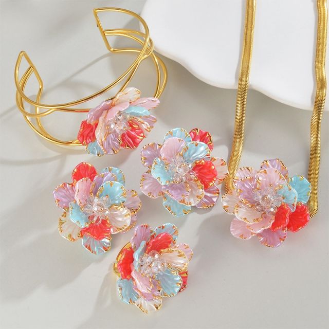 Vintage sweet pink stereo layer flower stainless steel necklace earrings bangle suit
