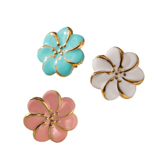 Pink blue color enamel flower stainless steel earrings rings suit