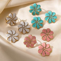 Pink blue color enamel flower stainless steel earrings rings suit