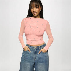 Summer New Women's Casual Printed Slim-fit Semi-transparent Hollow Long-sleeved T-shirt