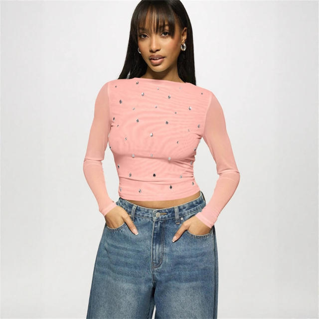 Summer New Women's Casual Printed Slim-fit Semi-transparent Hollow Long-sleeved T-shirt