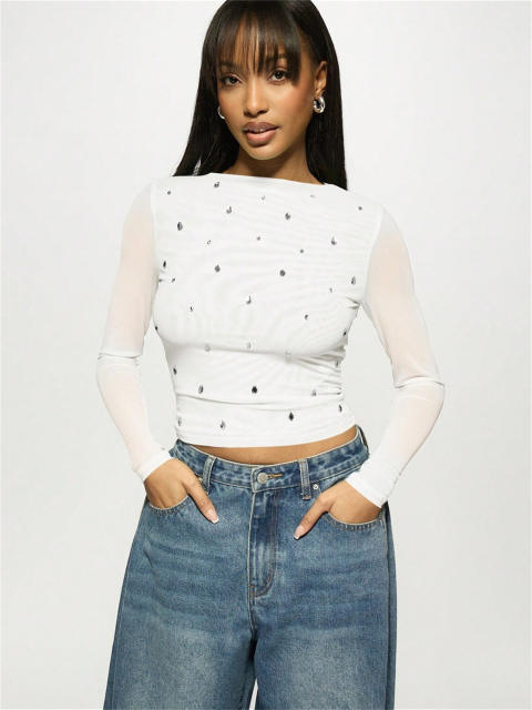 Summer New Women's Casual Printed Slim-fit Semi-transparent Hollow Long-sleeved T-shirt