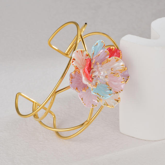 Vintage sweet pink stereo layer flower stainless steel necklace earrings bangle suit