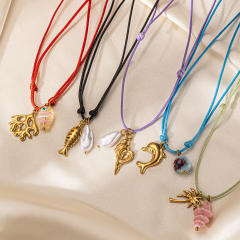 Summer holiday colorful rope handmade stainless steel charms shell starfish necklace