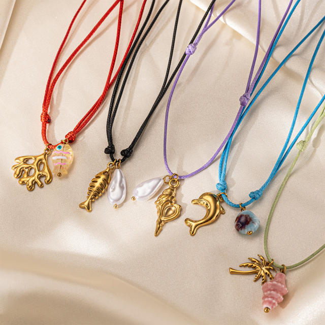 Summer holiday colorful rope handmade stainless steel charms shell starfish necklace