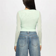Summer New Women's Casual Printed Slim-fit Semi-transparent Hollow Long-sleeved T-shirt