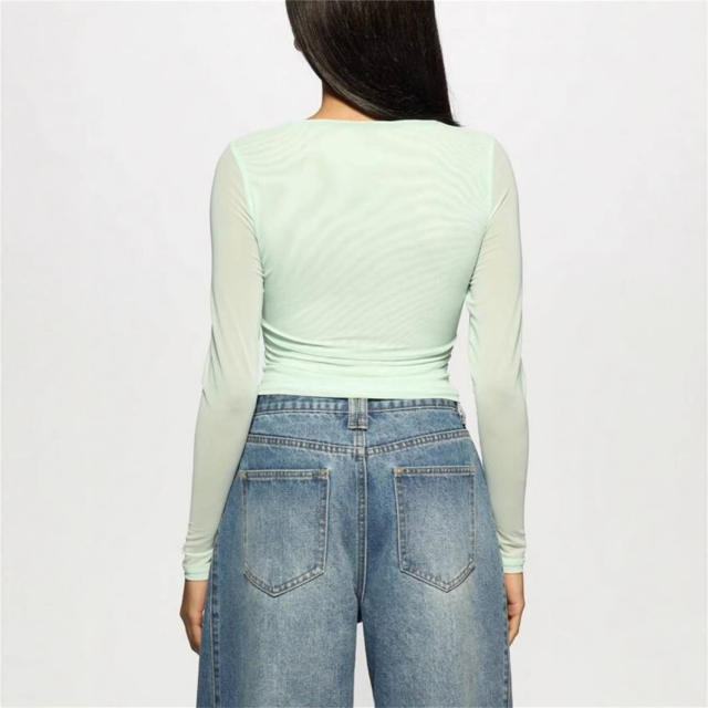 Summer New Women's Casual Printed Slim-fit Semi-transparent Hollow Long-sleeved T-shirt