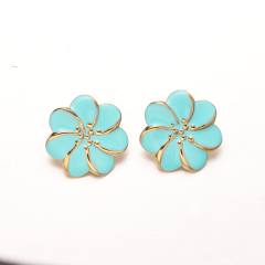 Pink blue color enamel flower stainless steel earrings rings suit