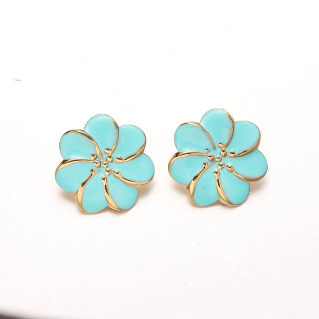 Pink blue color enamel flower stainless steel earrings rings suit