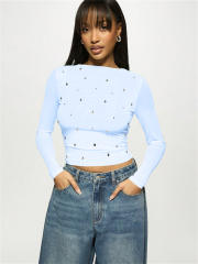 Summer New Women's Casual Printed Slim-fit Semi-transparent Hollow Long-sleeved T-shirt