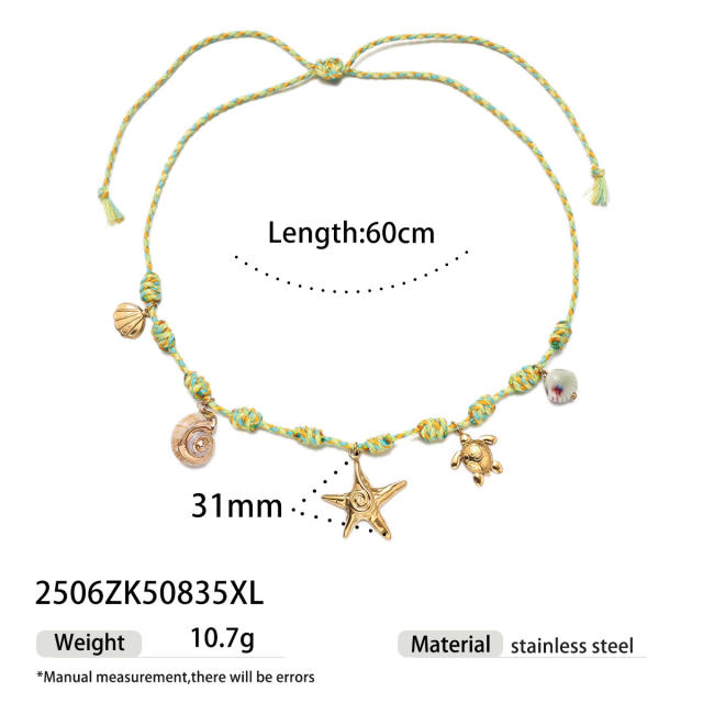 Handmade colorful knotted rope stainless steel ocean charms necklace holiday necklace