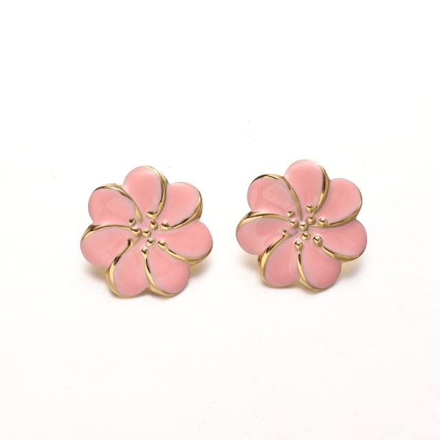 Pink blue color enamel flower stainless steel earrings rings suit