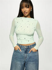 Summer New Women's Casual Printed Slim-fit Semi-transparent Hollow Long-sleeved T-shirt