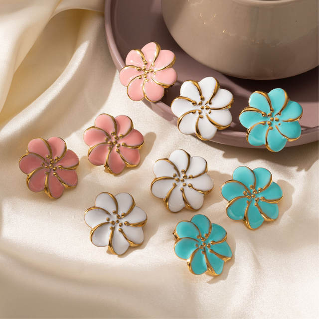 Pink blue color enamel flower stainless steel earrings rings suit