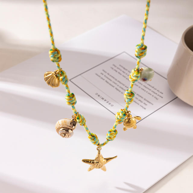 Handmade colorful knotted rope stainless steel ocean charms necklace holiday necklace